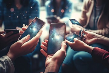 cellphone online millenials concept technology smartphone network media social content sharing hands people close phone smart mobile using fun addicted having group friends   phone - obrazy, fototapety, plakaty