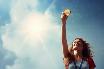 concept victory award sky medal gold holding raised hand woman photo inspirational ceremony achievement challenge business dramatic prize determination success arm symbol succeed inspiring champion - obrazy, fototapety, plakaty