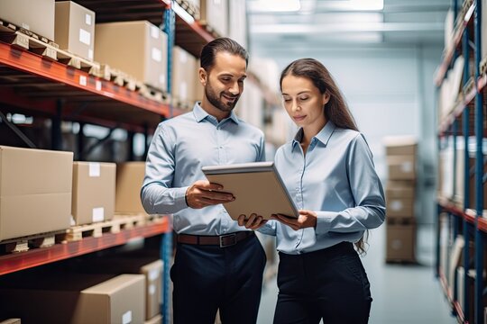Parcels Stock Background Work Do Talk They Box Cardboard Holding Worker Information Tablet gital Shows Manager Inventory Female retail warehouse distribution center storage storehouse depot