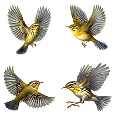 A set of male and female Worm-eating Warblers flying on a transparent background