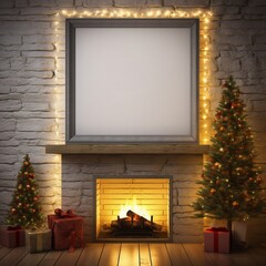 Mock up of a blank frame above a fireplace