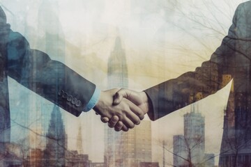 Double exposure on business people closing a deal with a handshake