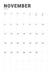 Monthly page Calendar Planner Templates of November 2024. Vector layout of a vertical simple calendar with week start Monday for print. Page for size A4 or 21x29.7 cm