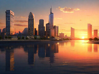 Obraz premium Building City And Sunset