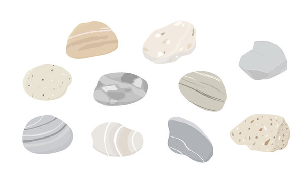 Set of pebbles and natural stones. Hand drawn illustration vector. Isolated on white background.