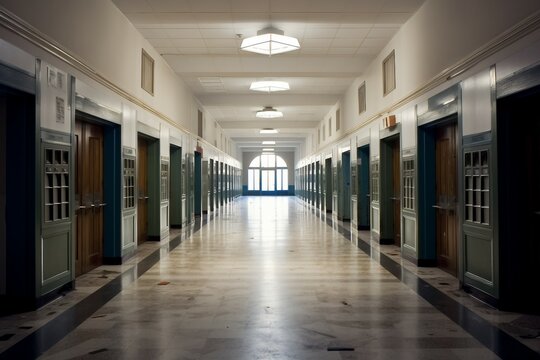 Hallway School High hall wing floor locker empty exit fire door junior student learn learning center light lighting close