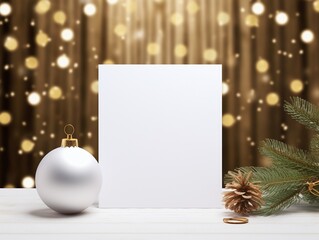 blank white greeting card mockup 5x7 on christmas background