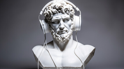 god listens to music, the head of an abstract fictional ancient male statue in modern music headphones, listens to music on a dark background, classical music