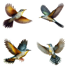 A set of male and female Yellow-billed Cuckoos flying on a transparent background