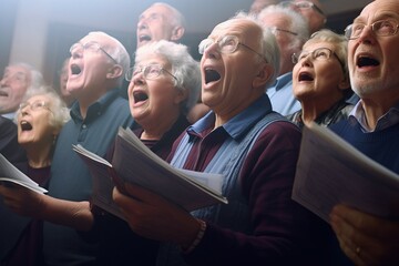 together choir singing seniors group senior friends music practicing class happy smiling enjoyment man male woman female people person caucasian - obrazy, fototapety, plakaty