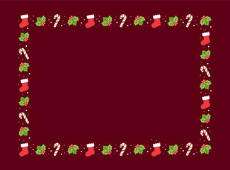 Rectangle Christmas Frame Border, Winter Holiday Graphics. Cute Mistletoe, Stocking and Candy Cane pattern, card and social media post template vector illustration.