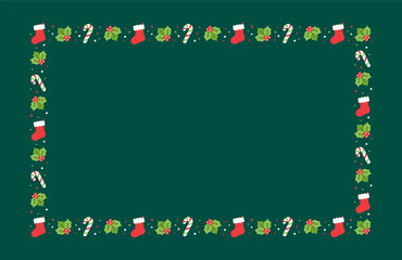 Rectangle Christmas Frame Border, Winter Holiday Graphics. Cute Mistletoe, Stocking and Candy Cane pattern, card and social media post template vector illustration.