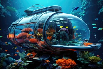 Underwater world. Underwater world with corals and tropical fish, The submarine of the future will be underwater next to coral reefs and fish, 6k ultra HD, AI Generated - obrazy, fototapety, plakaty