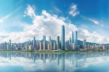 Fototapeta na wymiar panoramic view of modern city skyline in hongkong, The skyline of Futian CBD Financial District in Shenzhen full city view with tall buildings. white background, AI Generated