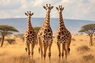 Three giraffes Giraffa camelopardalis in Serengeti National Park, Tanzania, Three giraffes in Serengeti National Park, Tanzania, AI Generated