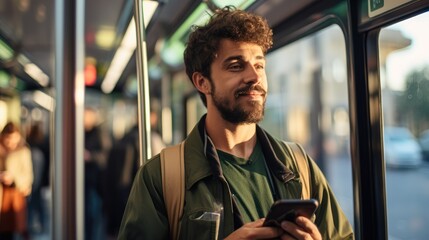 Man traveling with a public bus and using phone. - obrazy, fototapety, plakaty
