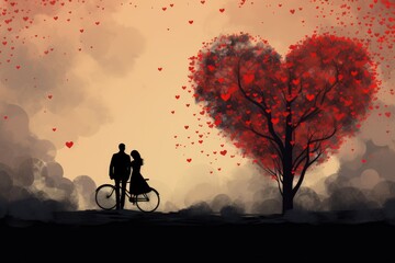 Illustration of a Couple Pushing a Bicycle, Discovering New Horizons as a Team