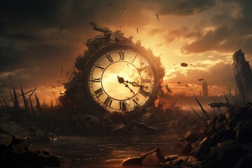 Time concept. The old clock at the end of the day, Time getting destroyed, AI Generated