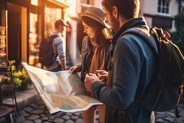 Young couple of tourists with map in the city. Traveling concept, Tourists checking on a map, top section cropped, no visible faces, front view, AI Generated - obrazy, fototapety, plakaty