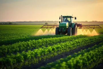  Tractor spraying pesticides on soybean field with sprayer at spring, Tractor spraying pesticides fertilizer on soybean crops farm field in spring evening. Smart Farming, AI Generated © Ifti Digital