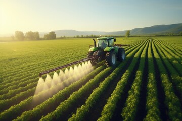 Tractor spraying pesticides on soybean field with sprayer at spring, Tractor spraying pesticides fertilizer on soybean crops farm field in spring evening. Smart Farming, AI Generated - obrazy, fototapety, plakaty
