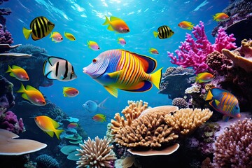 Naklejka na ściany i meble Wonderful and beautiful underwater world with corals and tropical fish, Tropical coral reefs and marine life with colorful fishes, AI Generated