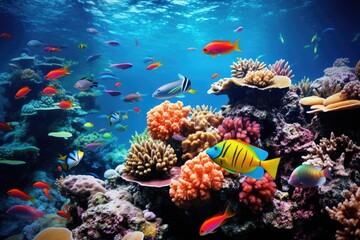 Naklejka na ściany i meble Underwater world with corals and tropical fish. Underwater world, Tropical coral reefs and marine life with colorful fishes, AI Generated