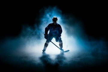 sports winter rink ice stadium posing sportsman light back blue smoke arena stick skates helmet uniform player hockey male silhouette dark man puck skate sk8 sport game forward spotlight