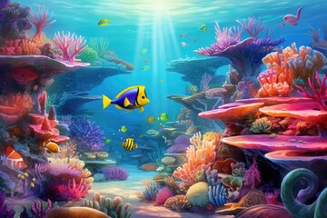 Fototapeta na wymiar Underwater scene with coral reef and fish. 3d illustration, Tropical coral reefs and marine life with colorful fishes, AI Generated