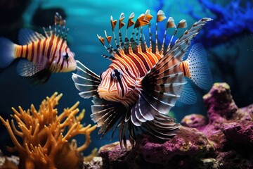 Naklejka na ściany i meble Lionfish in the aquarium. Tropical fish in the water, Tropical fish in the aquarium. Underwater world. Marine life, AI Generated