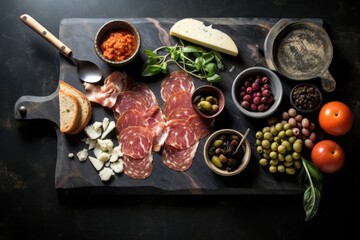 Naklejka premium Prosciutto crudo or jamon with olives, parmesan cheese and basil on a wooden board, top view of black marble cutting board with olives in bowls, breadsticks, prosciutto, AI Generated