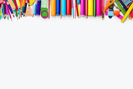 concept school Back space copy background white view Top banner border double supplies to supply frame colourful variety long row many assortment object education crayons fun learning