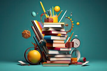 illustration render 3D items accessories school balancing falling concept background education Back happy item learning apple mathematic science lesson class english accessory children - obrazy, fototapety, plakaty