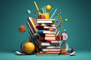 Foto op Canvas illustration render 3D items accessories school balancing falling concept background education Back happy item learning apple mathematic science lesson class english accessory children © sandra