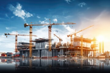 business building new industry working cranes many sites construction large working workers view panorama  security safety activity apartment architecture area background block - obrazy, fototapety, plakaty
