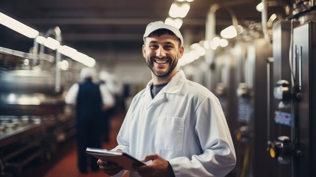 Young Male Quality Supervisor is Inspecting the Automated food Production at a food Factory.