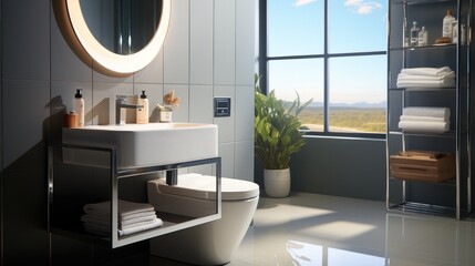 Modern white bathroom with toilet and sink.