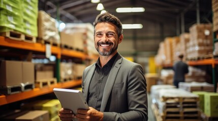 Business owner using tablet in storage and controlling shipment at warehouse.