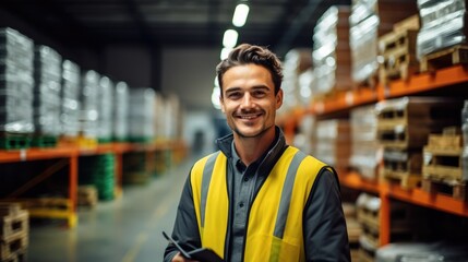 Business owner using tablet in storage and controlling shipment at warehouse. - obrazy, fototapety, plakaty