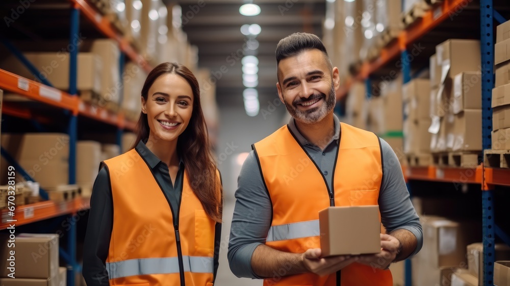 Wall mural a warehouse worker inspects package boxes before being stored or delivered to customers at warehouse