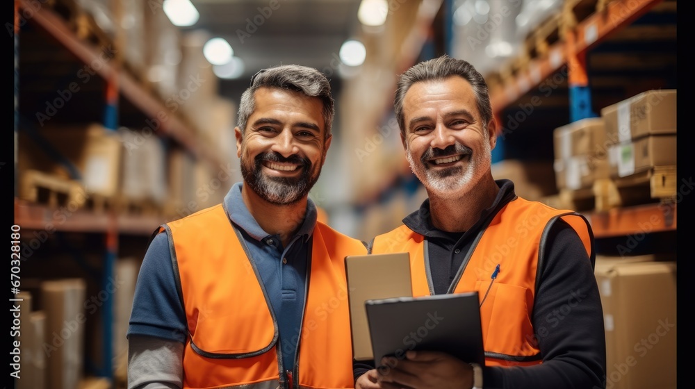 Poster a warehouse worker inspects package boxes before being stored or delivered to customers at warehouse