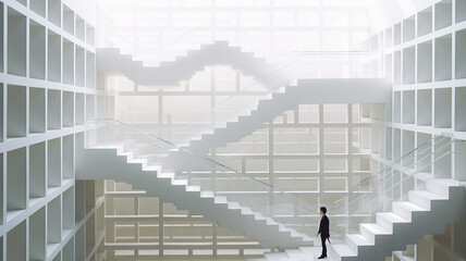 silhouette of a businessman in a white maze, career ladder, growth, development strategy and decision-making