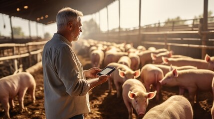 Farmer with a tablet in his hands is checking the health of the pigs and taking notes at pig farm. - obrazy, fototapety, plakaty