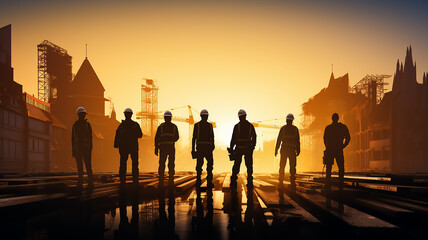 group of builders silhouette of workers on a construction site, standing in a row against a sunset background, with a copy space