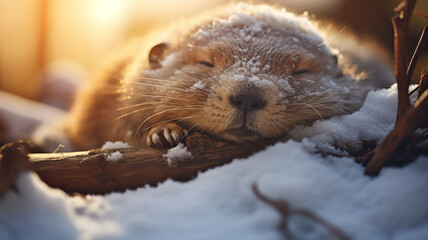 cute fluffy groundhog wakes up in his burrow day, the onset of spring, the change of seasons, prediction in February - obrazy, fototapety, plakaty
