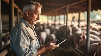 Farmer with a tablet in his hands is checking the health of the pigs and taking notes at pig farm. - obrazy, fototapety, plakaty