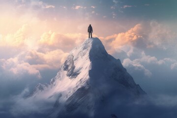 Man Inspiring Stand on a Snow Capped Mountain - obrazy, fototapety, plakaty
