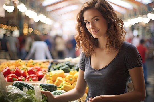 market woman young shopping healthy vegetable purchase nourishment food diet bio fresh fruit health vegetarian farmer organic homemaker raw eat looking day buy natural stall marketplace