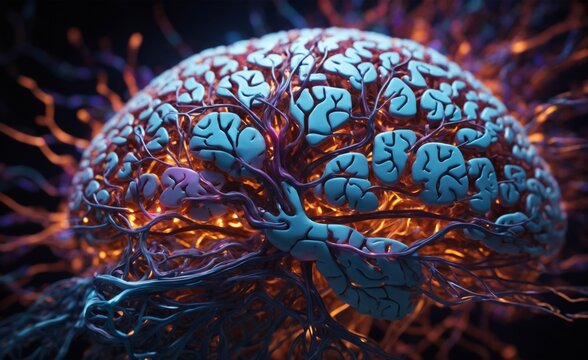 Representation of the human brain with its activated neurons, close prt 2
