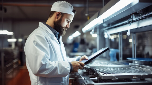 Supervisor assesses the quality of the meat while using tablet to assess the quality of the food.